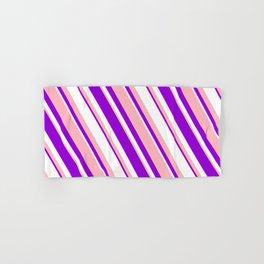 [ Thumbnail: Light Pink, Dark Violet, and White Colored Lined/Striped Pattern Hand & Bath Towel ]