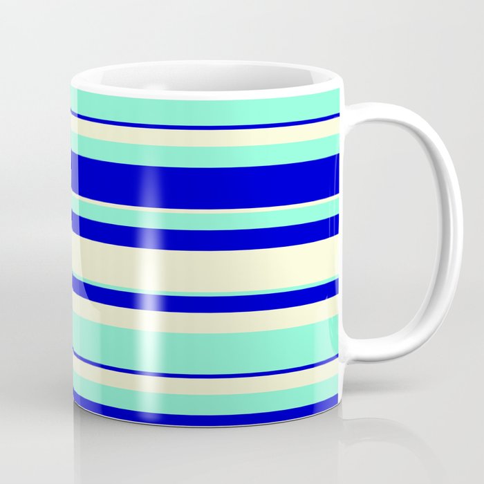Light Yellow, Aquamarine, and Blue Colored Striped/Lined Pattern Coffee Mug