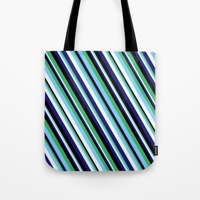Eye-catching Sea Green, Light Sky Blue, Mint Cream, Midnight Blue, and Black Colored Lined Pattern Tote Bag