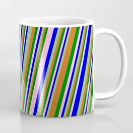 [ Thumbnail: Eyecatching Pink, Blue, Dark Sea Green, Chocolate, and Green Colored Pattern of Stripes Coffee Mug ]