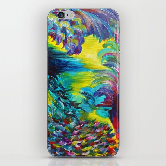 FLIGHT ON TAP - Whimsical Colorful Feathers Fountain Peacock Abstract Acrylic Painting Purple Teal iPhone & iPod Skin