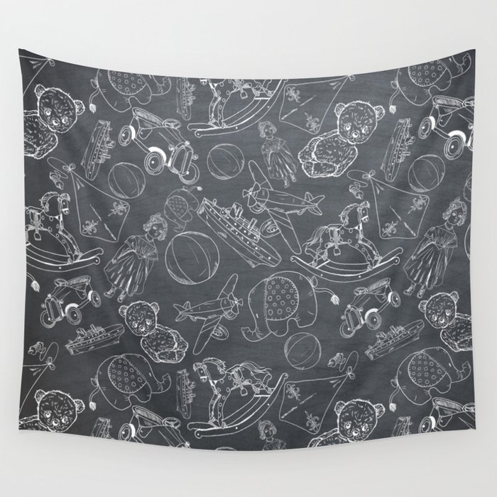 Black Chalkboard With White Children Toys Seamless Pattern Wall Tapestry