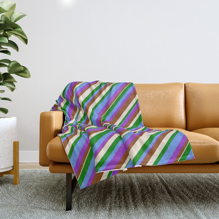 Colorful Cornflower Blue, Dark Orchid, Brown, Beige & Green Colored Lined/Striped Pattern Throw Blanket