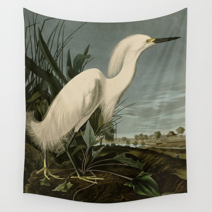 Snowy Heron or White Egret from Audubon Birds of America Wall Tapestry