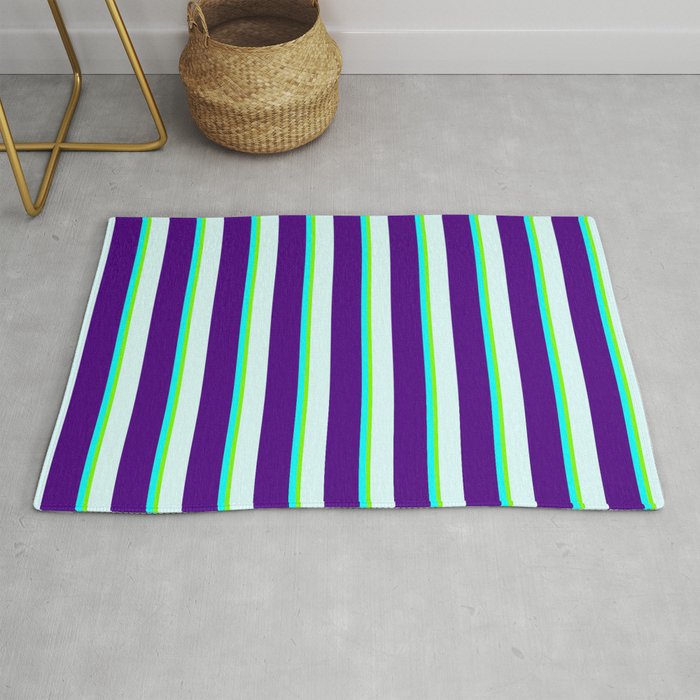 Light Cyan, Indigo, Aqua, and Green Colored Lined/Striped Pattern Rug