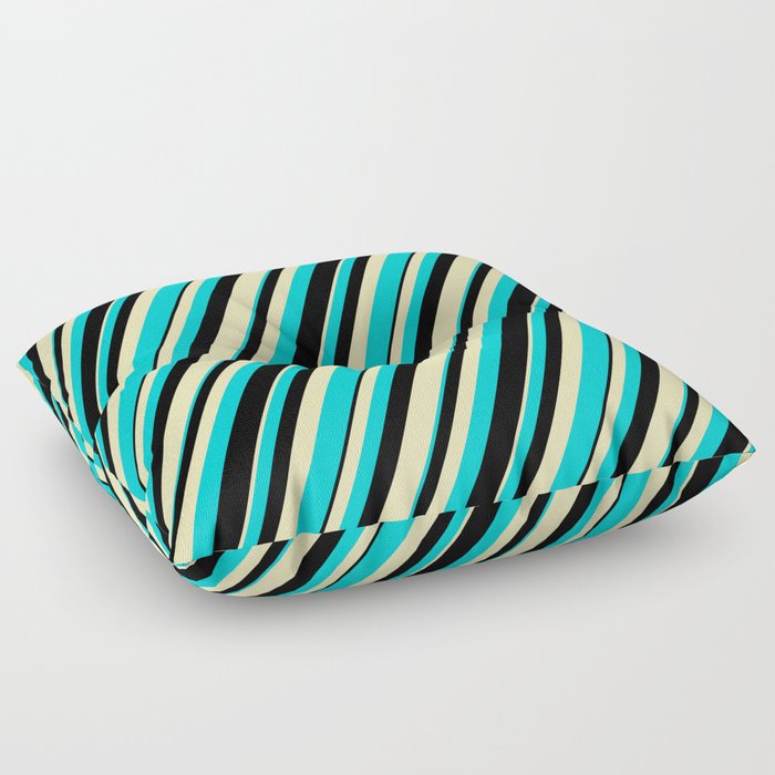 Beige, Dark Turquoise & Black Colored Lines/Stripes Pattern Floor Pillow