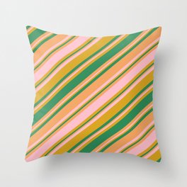 [ Thumbnail: Goldenrod, Sea Green, Brown, and Pink Colored Striped/Lined Pattern Throw Pillow ]