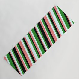 [ Thumbnail: Forest Green, Black, Light Coral & Light Cyan Colored Stripes/Lines Pattern Yoga Mat ]