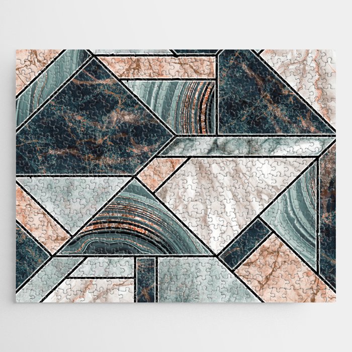 Art Deco Teal + Rose Gold Abstract Marble Geometry Jigsaw Puzzle