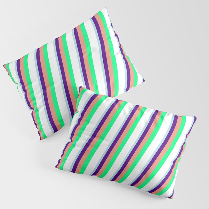 Powder Blue, Indigo, Dark Salmon, Green, and White Colored Pattern of Stripes Pillow Sham