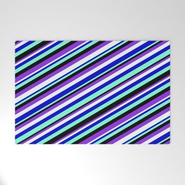 [ Thumbnail: Vibrant Blue, Aquamarine, Black, Purple, and Mint Cream Colored Lined Pattern Welcome Mat ]