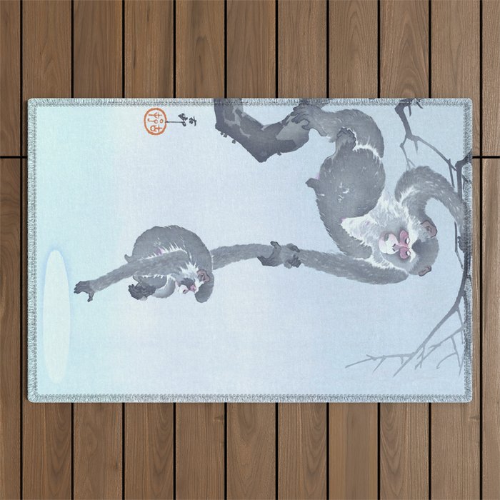 Monkeys Playing with Moon Reflection in the Water - Vintage Japanese Woodblock Print Art  Outdoor Rug