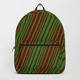 [ Thumbnail: Forest Green and Maroon Colored Lines/Stripes Pattern Backpack ]