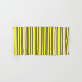 [ Thumbnail: Green, Yellow, Tan & Grey Colored Lined/Striped Pattern Hand & Bath Towel ]