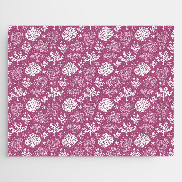 Magenta And White Coral Silhouette Pattern Jigsaw Puzzle