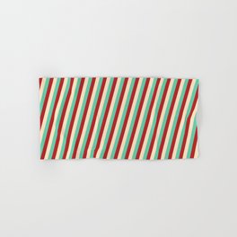 [ Thumbnail: Red, Bisque, and Aquamarine Colored Lines/Stripes Pattern Hand & Bath Towel ]