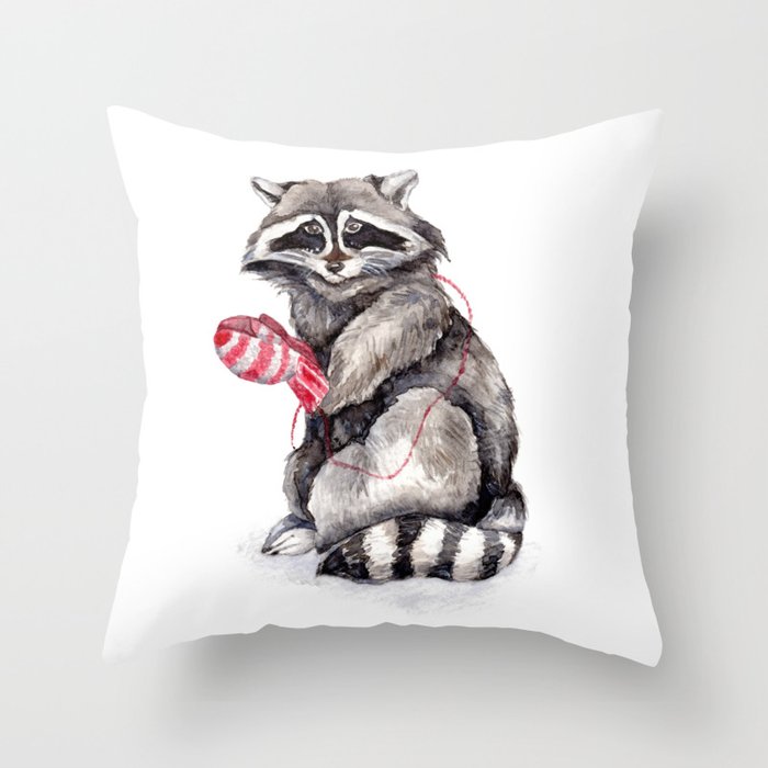Pensive Raccoon in Red Mittens. Winter Season. Throw Pillow