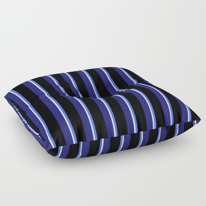 Royal Blue, Black, Midnight Blue & White Colored Striped Pattern Floor Pillow