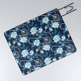 Midnight Sparkles - Gardenias and Fireflies in Sapphire Blue Picnic Blanket