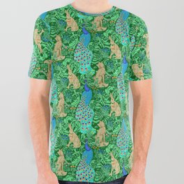 Art Nouveau Peacock Print, Cobalt Blue and Emerald Green All Over Graphic Tee