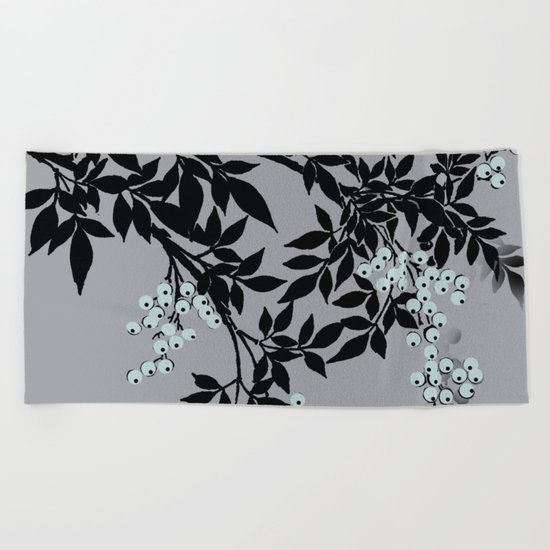 TREE BRANCHES BLACK AND GRAY WITH BLUE BERRIES Beach Towel