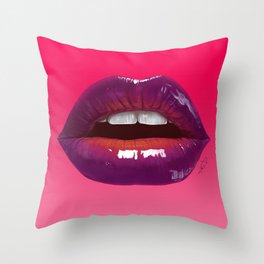 Sexy woman lips on hot pink background Throw Pillow
