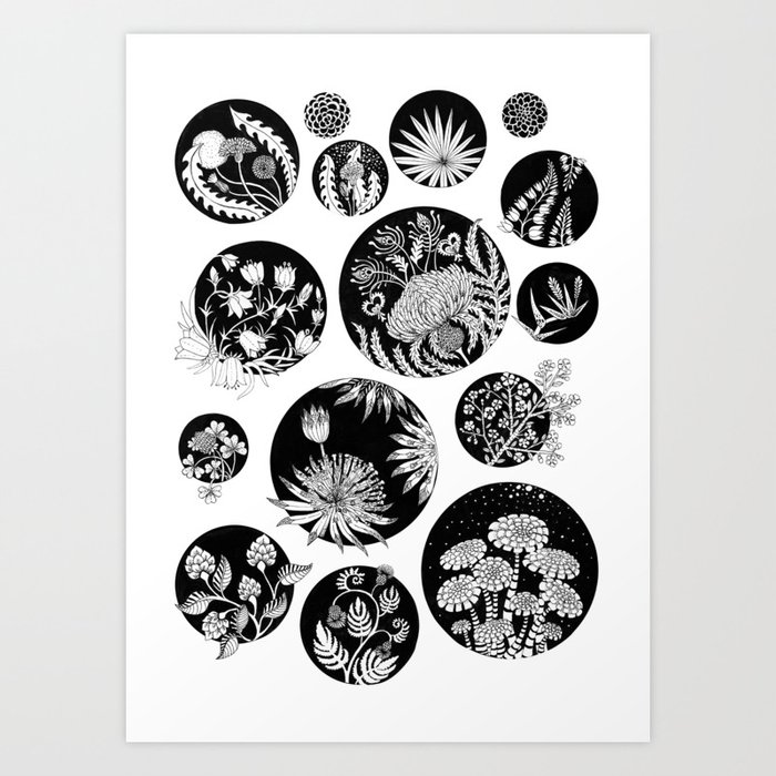 Flowers pattern ink art black and white Art Print