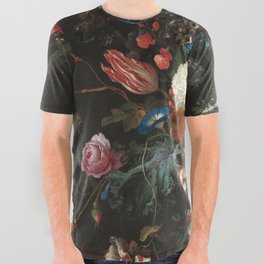 Still Life Parrot Tulips, Peonies, Hibiscus, Hydranga, Periwinkle Flowers in Vase by Jan de Heem All Over Graphic Tee