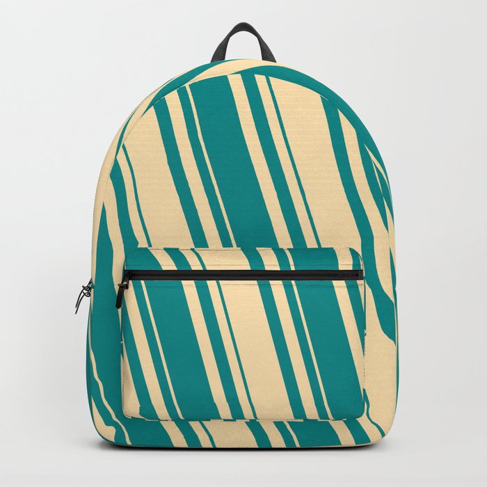 Beige & Dark Cyan Colored Lines/Stripes Pattern Backpack