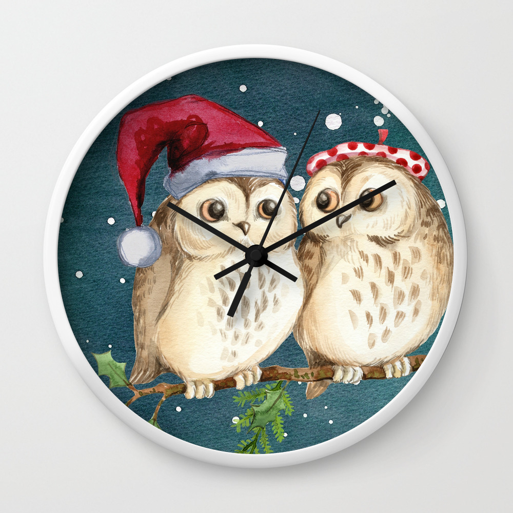 Cute Christmas Winter Owl Couple Painting Wall Clock By