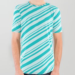 [ Thumbnail: Dark Turquoise & Light Cyan Colored Pattern of Stripes All Over Graphic Tee ]