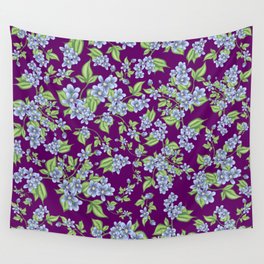 Blue Floral Pattern On Purple Background Wall Tapestry