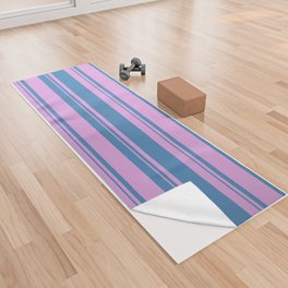 [ Thumbnail: Plum & Blue Colored Lined/Striped Pattern Yoga Towel ]