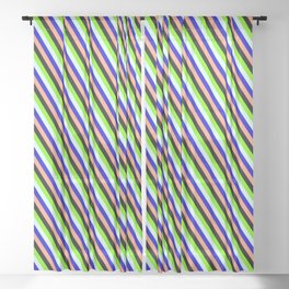 [ Thumbnail: Vibrant Green, Light Cyan, Blue, Light Salmon & Black Colored Stripes/Lines Pattern Sheer Curtain ]