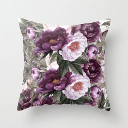 Purple Plum Pink Watercolor Peonies and Greenery Throw Pillow