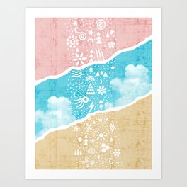 White Nature Elements and Pastel Background with Clouds Art Print