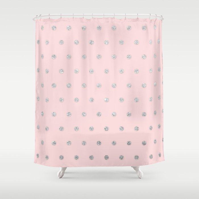 Girly Glamorous Pink Silver Glitter Polka Dots Shower Curtain By