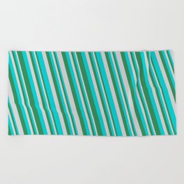 [ Thumbnail: Sea Green, Light Gray & Dark Turquoise Colored Stripes/Lines Pattern Beach Towel ]