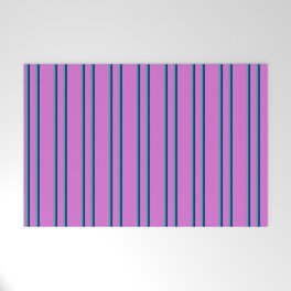 [ Thumbnail: Orchid, Midnight Blue, and Light Sea Green Colored Striped Pattern Welcome Mat ]
