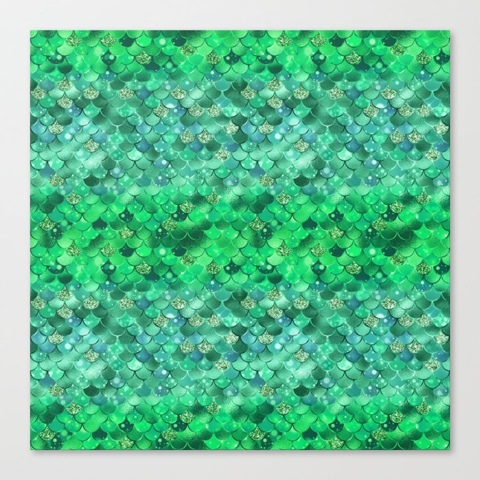 Green Mermaid Pattern Metallic Glitter Canvas Print