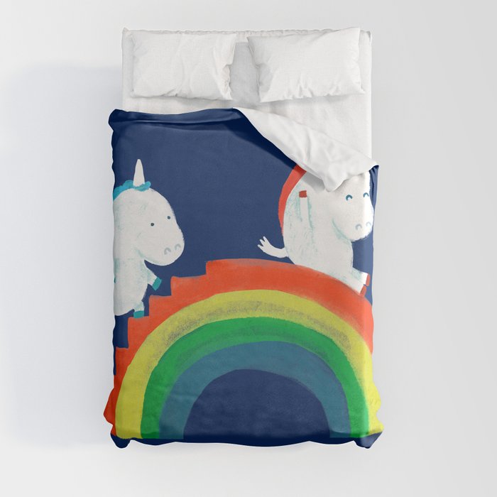 Unicorn on rainbow slide Duvet Cover