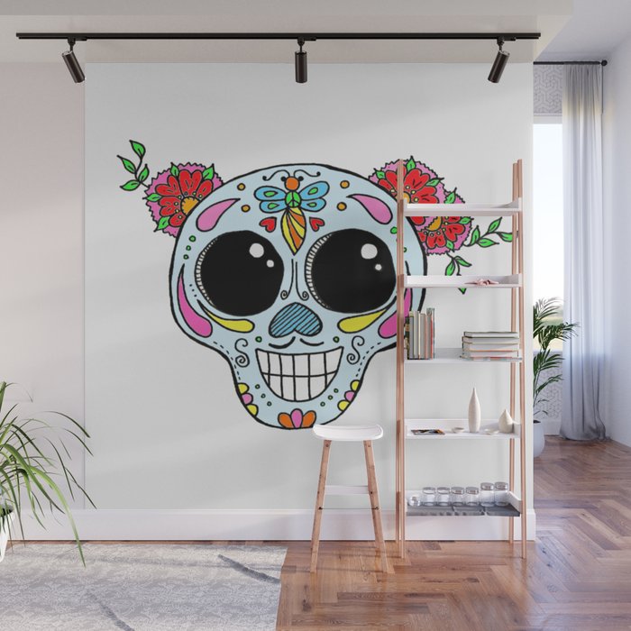 Sugar skull with flowers and bee Wall Mural