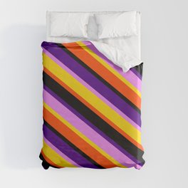 [ Thumbnail: Indigo, Violet, Yellow, Red & Black Colored Stripes Pattern Duvet Cover ]