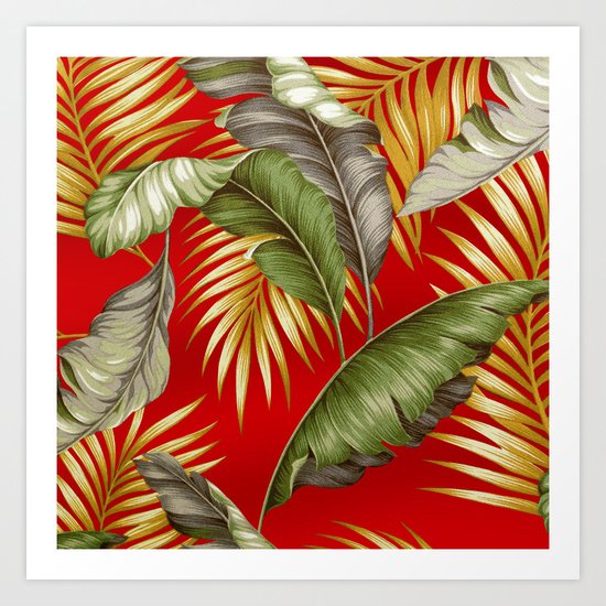 HAWAIIAN GARDEN TROPICAL LEAVES | tomato red gold Art Print