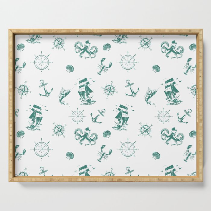 Green Blue Silhouettes Of Vintage Nautical Pattern Serving Tray