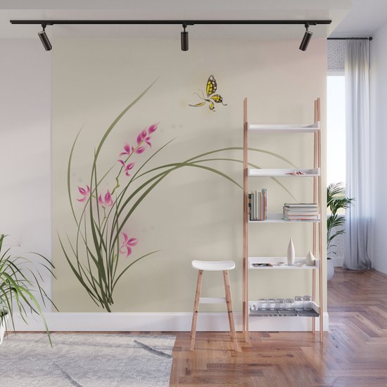 Oriental Style Painting Orchid Flowers And Butterfly 004 Wall Mural By Oriartiste Society6