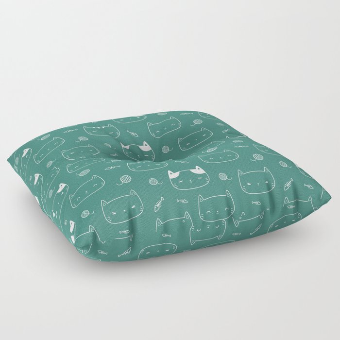 Green Blue and White Doodle Kitten Faces Pattern Floor Pillow