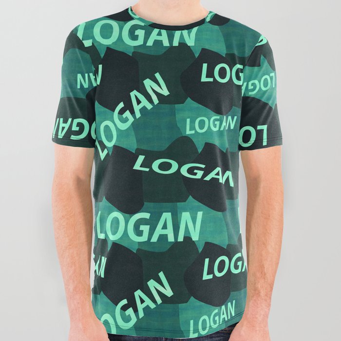 pattern with the name Logan in blue colors and watercolor texture All Over Graphic Tee