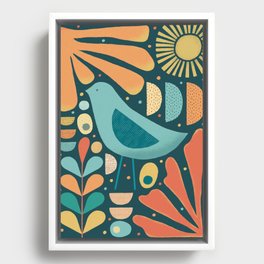 Mid Century Modern Inspired Bird and Leaves Framed Canvas