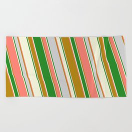 [ Thumbnail: Salmon, Dark Goldenrod, Light Grey, Forest Green, and Beige Colored Striped/Lined Pattern Beach Towel ]
